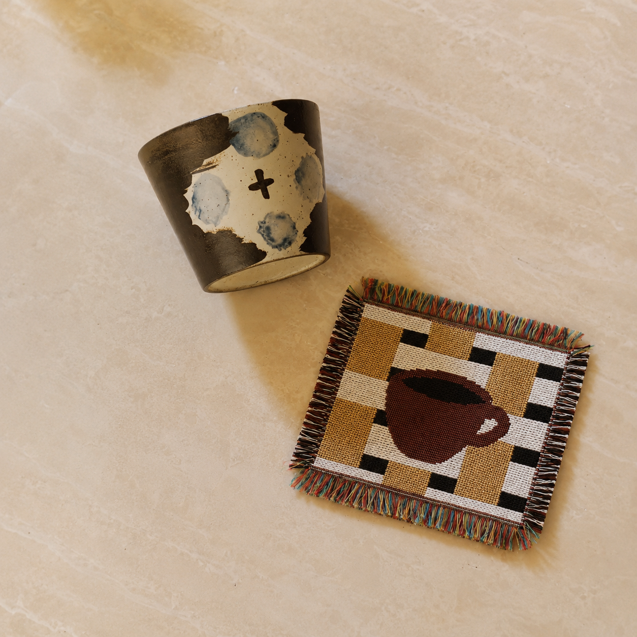 Coffee Cup Woven Coaster, Handmade Mug Rug with Fringe, Coffee Lover Gift, Rustic Table Decor, Cottagecore Drink Coaster