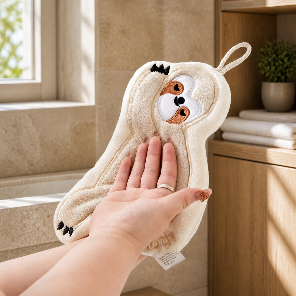 Cute Sloth Hanging Hand Towel – Soft Absorbent Kitchen & Bathroom Towel with Hook, Cartoon Animal Hand Drying Towel