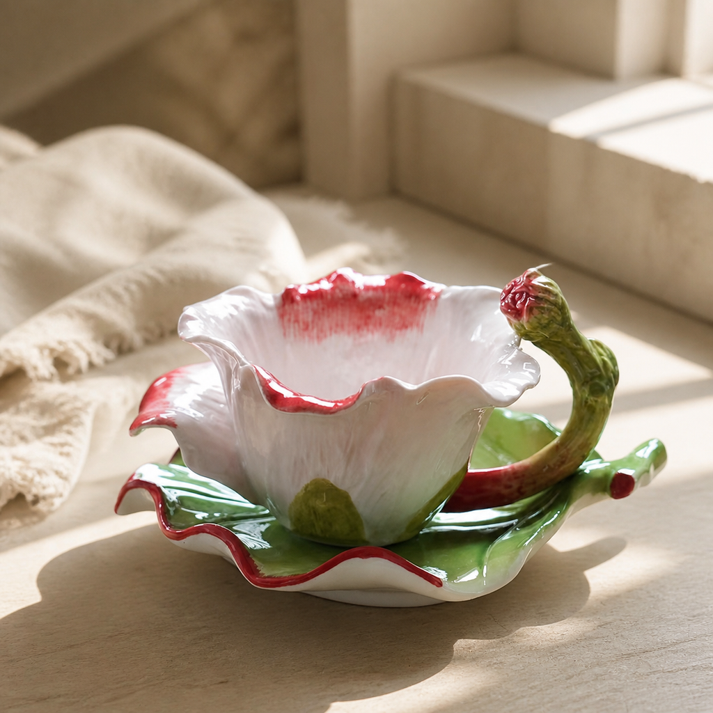 Rose Ceramic Tea Cup and Saucer – Floral Petal Coffee Cup Set