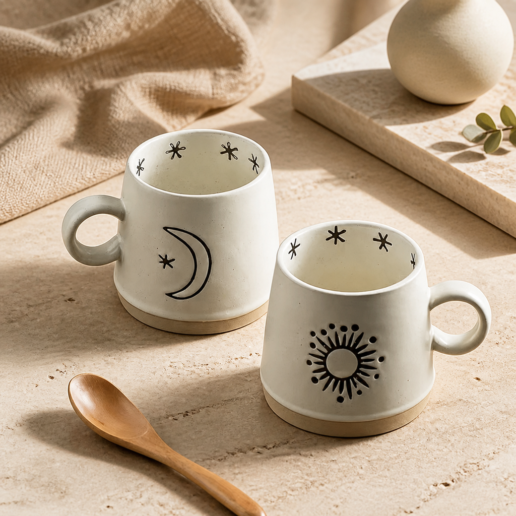 Celestial Ceramic Mug – 400ml Sun Moon Star Rustic Coffee Cup