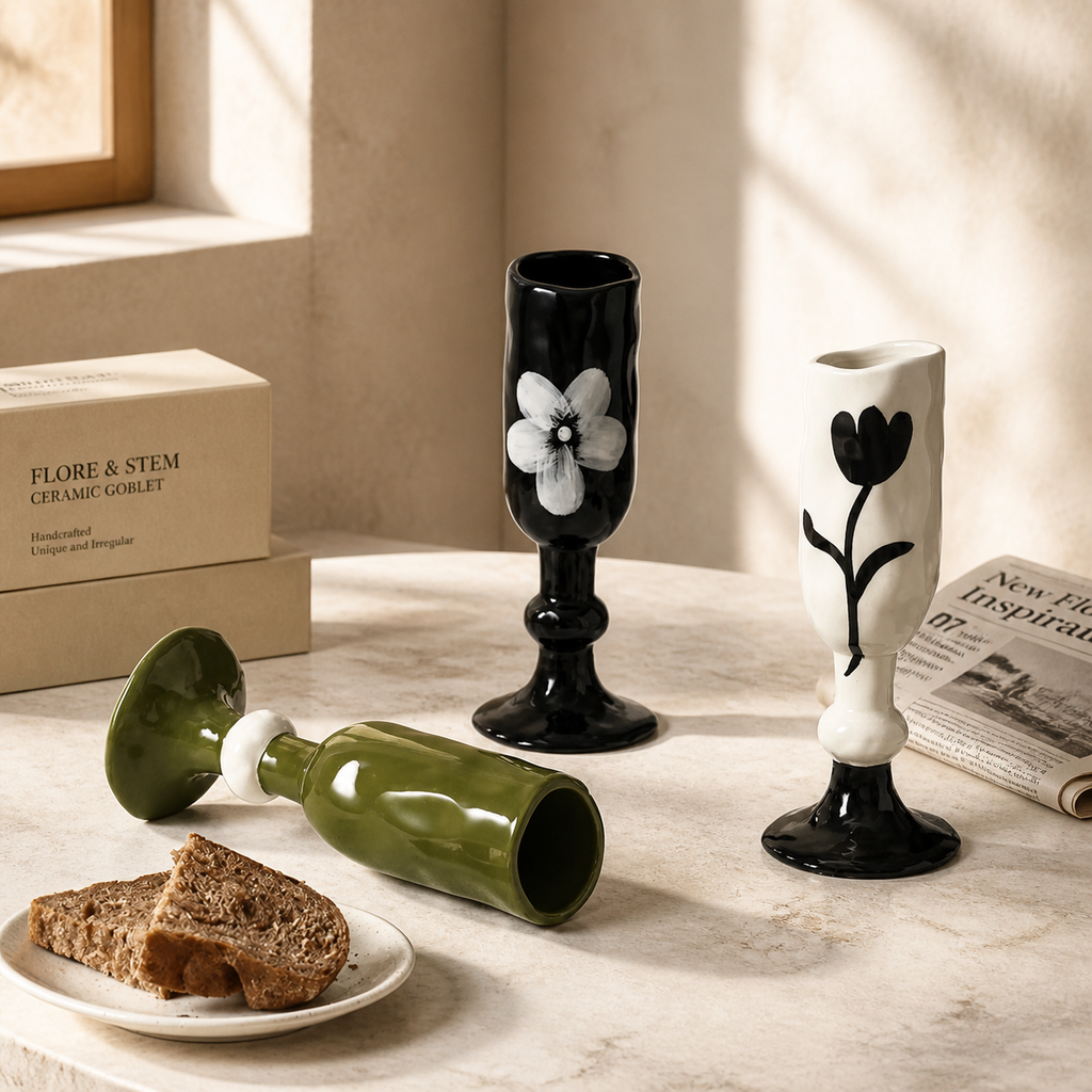 Hand Painted Ceramic Goblet – 230ml Floral Art Wine Cup, Sculptural Decorative Drinking Glass, Gift Box Included