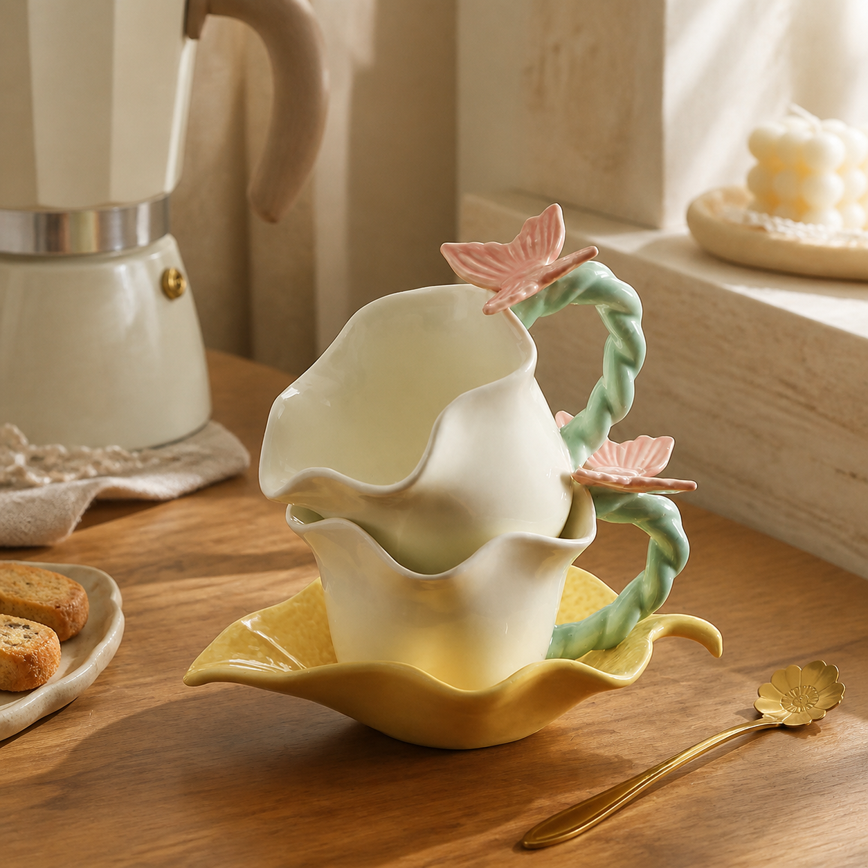 Butterfly Ceramic Cup and Saucer – Floral 250ml Coffee Tea Cup Set