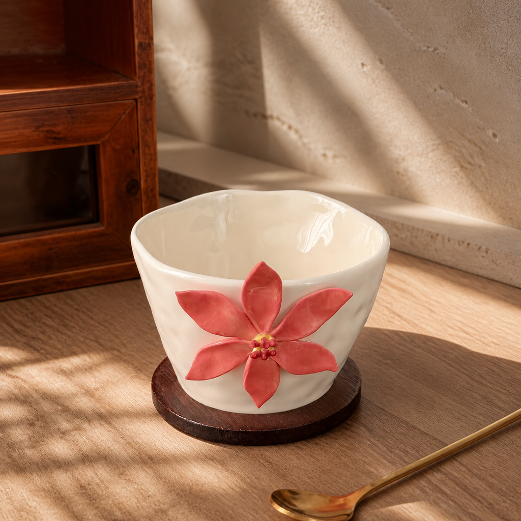 3D Floral Ceramic Mug – Handmade Style Flower Coffee Cup 260ml