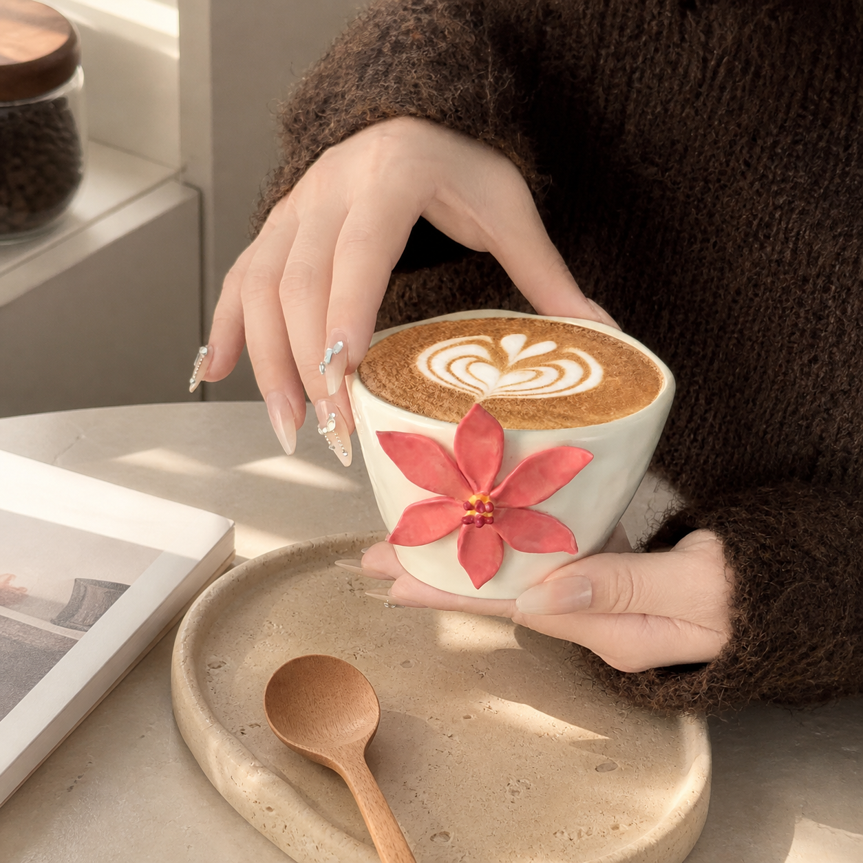 3D Floral Ceramic Mug – Handmade Style Flower Coffee Cup 260ml