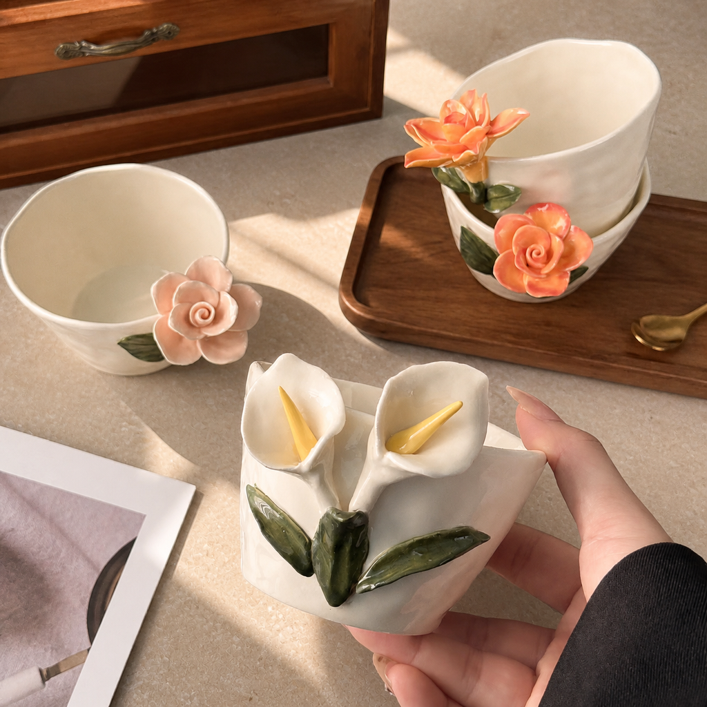 3D Floral Ceramic Mug – Handmade Style Flower Coffee Cup 260ml