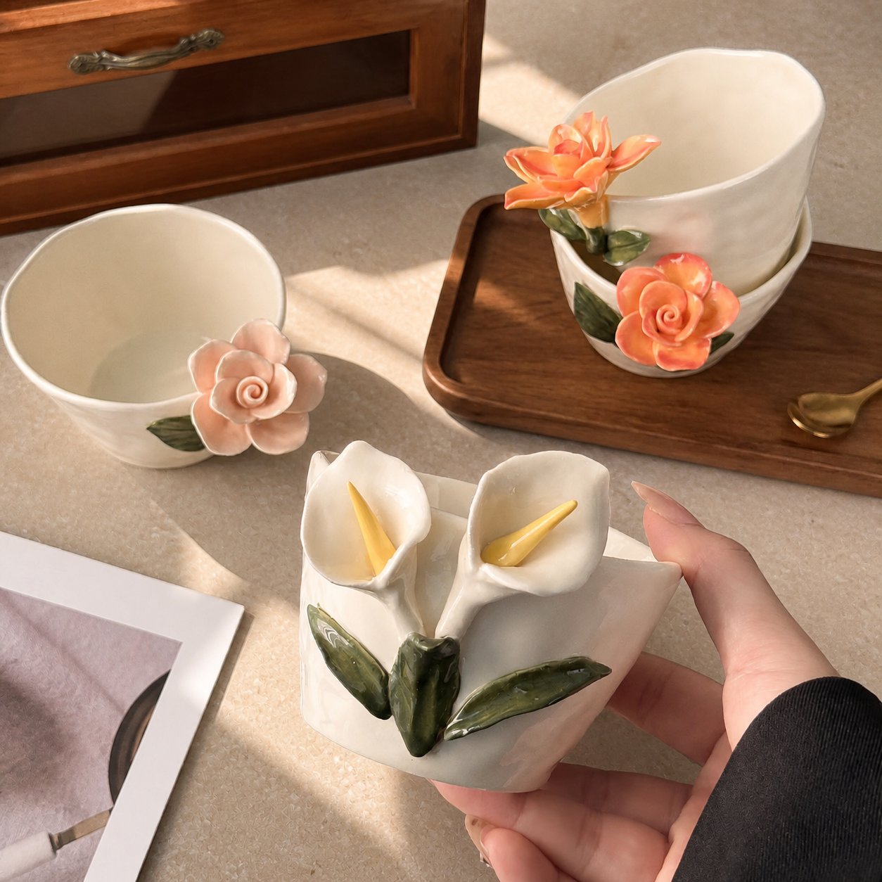 3D Floral Ceramic Mug – Handmade Style Flower Coffee Cup 260ml