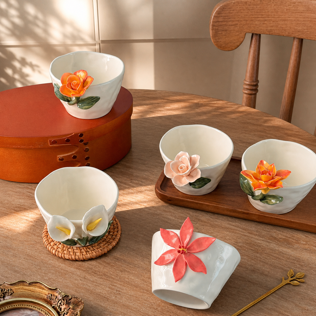 3D Floral Ceramic Mug – Handmade Style Flower Coffee Cup 260ml