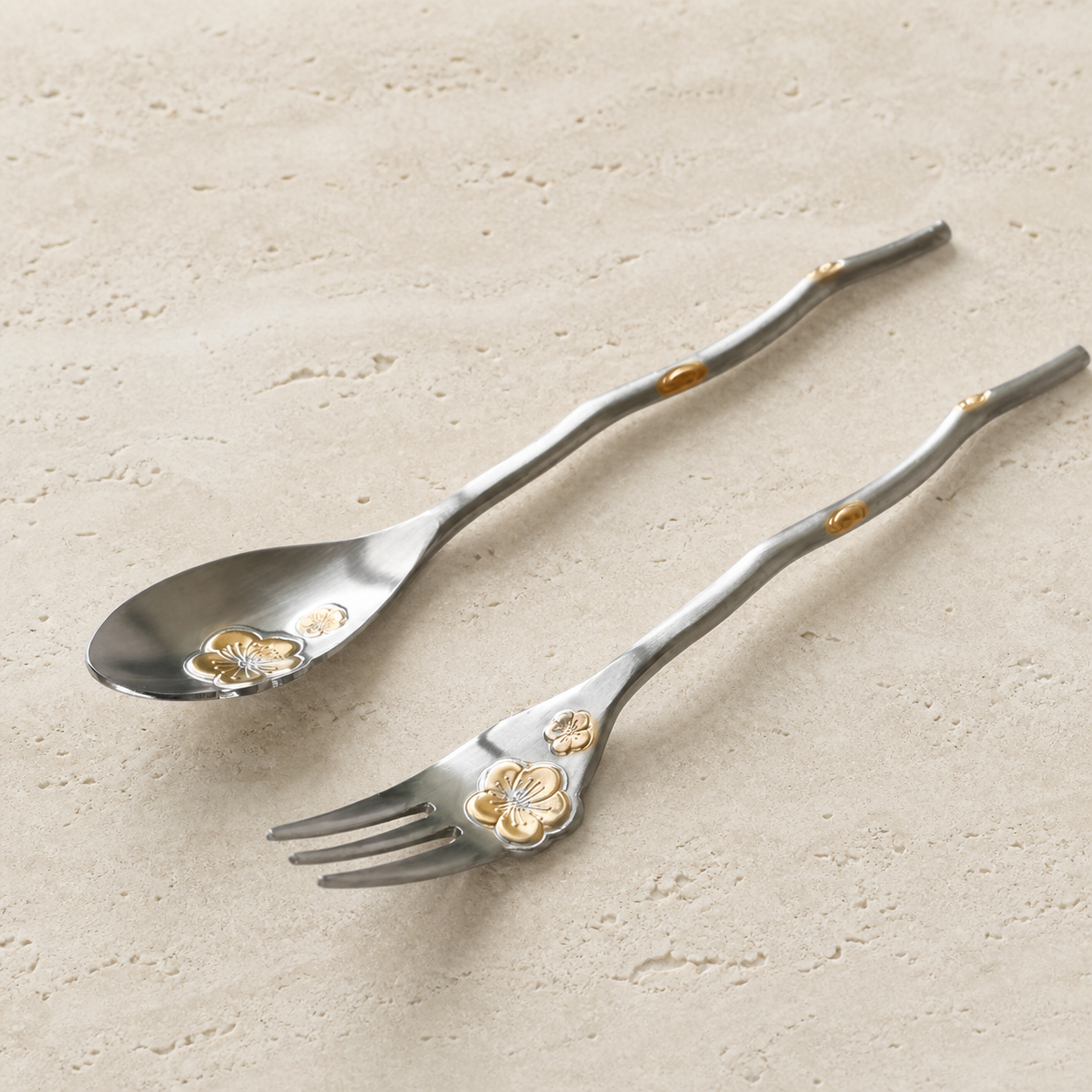 Cherry Blossom Stainless Steel Spoon & Fork, Japanese Floral Dessert Utensil, Gold Accent Coffee Tea Cutlery