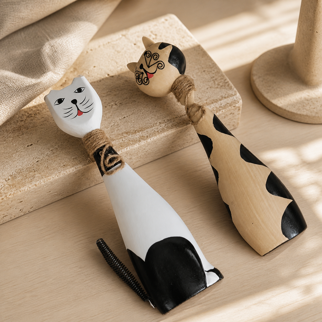 Set of 2 Wooden Cat Figurines – Hand Painted Couple Cat Decor, Rustic Whimsical Shelf & Tabletop Decoration