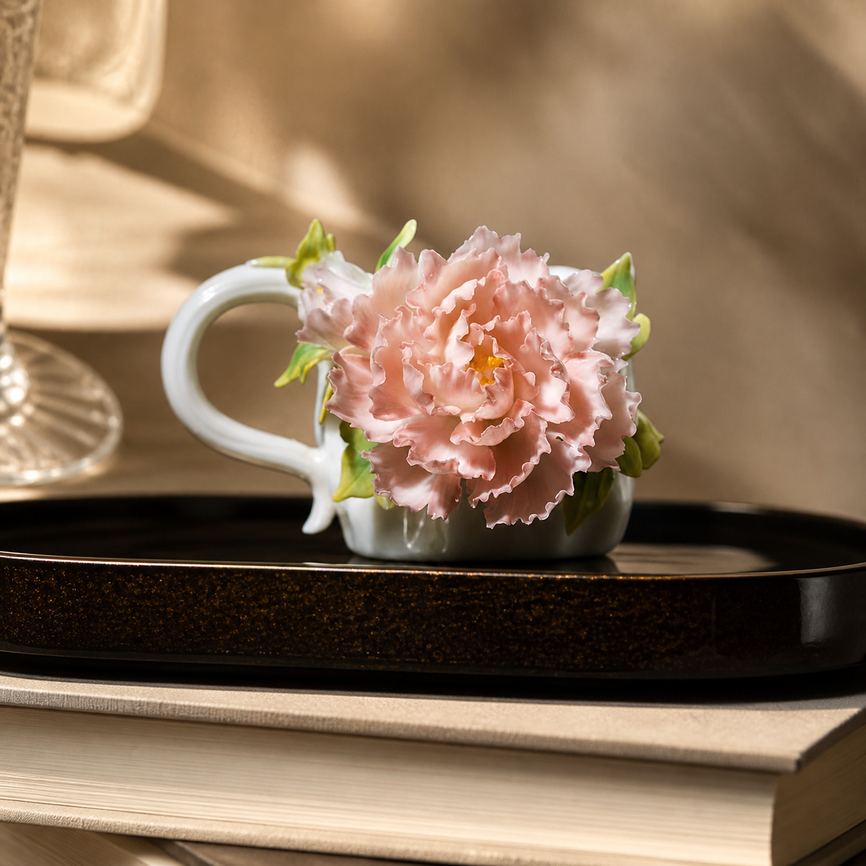 Handmade Pink Peony Ceramic Mug – 3D Floral Coffee Cup, Sculpted Flower Tea Cup, Artisan Botanical Drinkware