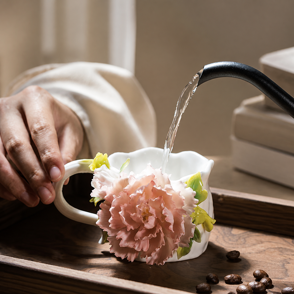 Handmade Pink Peony Ceramic Mug – 3D Floral Coffee Cup, Sculpted Flower Tea Cup, Artisan Botanical Drinkware