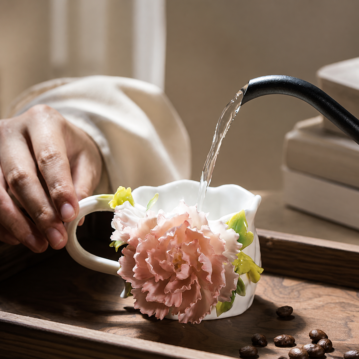 Handmade Pink Peony Ceramic Mug – 3D Floral Coffee Cup, Sculpted Flower Tea Cup, Artisan Botanical Drinkware