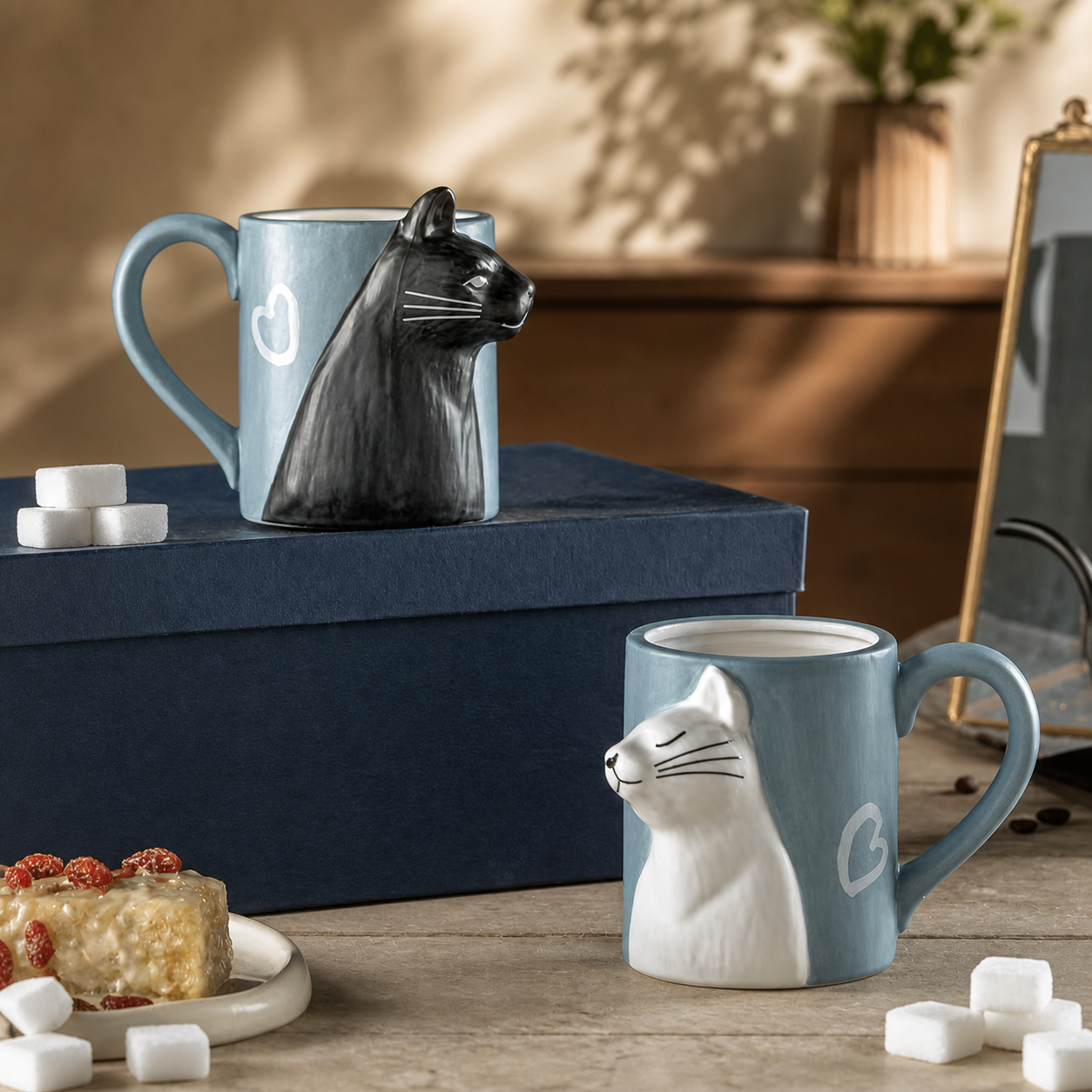 Cat Couple Ceramic Mug Set – Cute 3D Cat Coffee Cups Gift Set for Couples