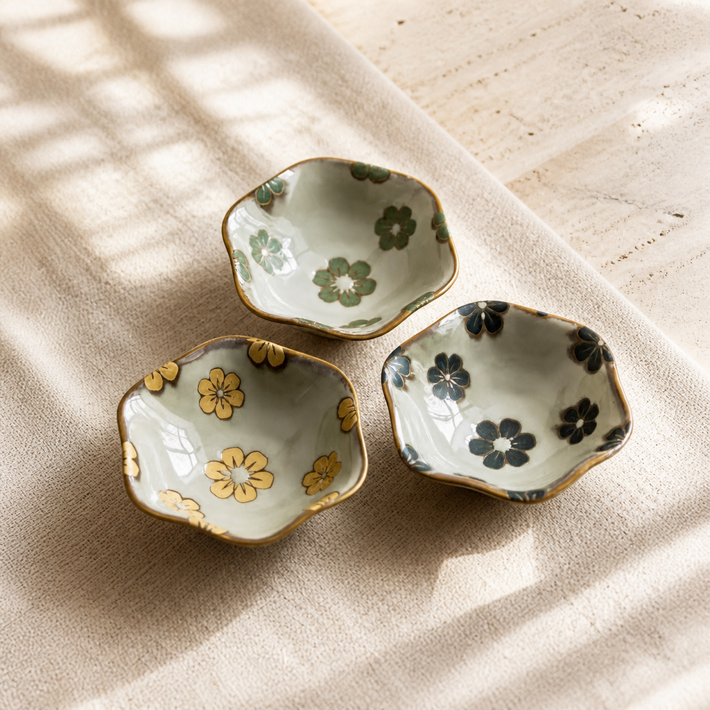 Japanese Floral Ceramic Dipping Dish – 4.3 Inch Small Sauce Bowl, Vintage Flower Condiment Plate for Soy Sauce & Appetizers