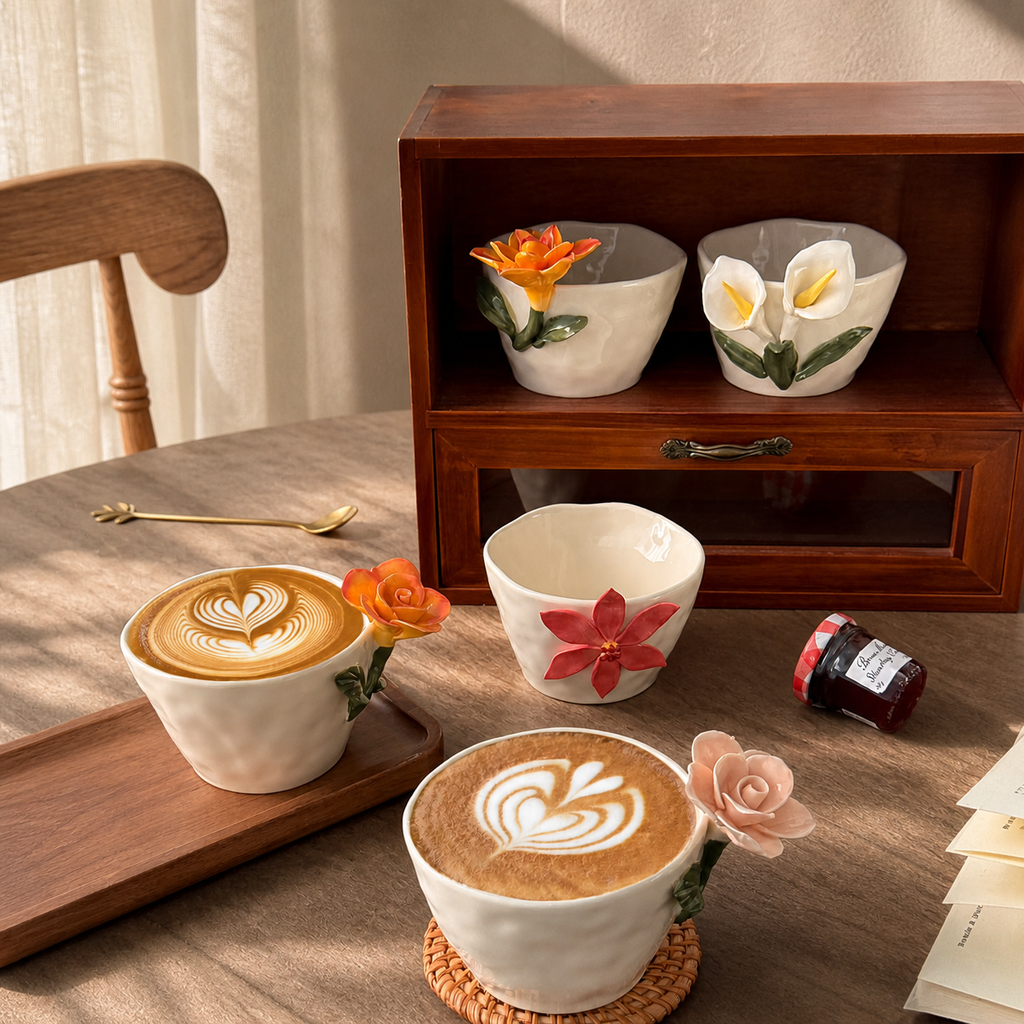3D Floral Ceramic Mug – Handmade Style Flower Coffee Cup 260ml