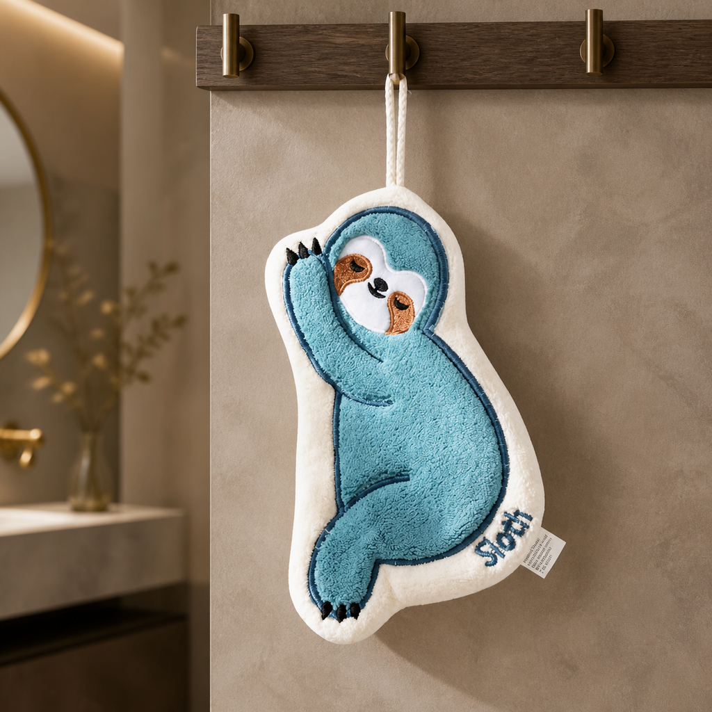 Cute Sloth Hanging Hand Towel – Soft Absorbent Kitchen & Bathroom Towel with Hook, Cartoon Animal Hand Drying Towel