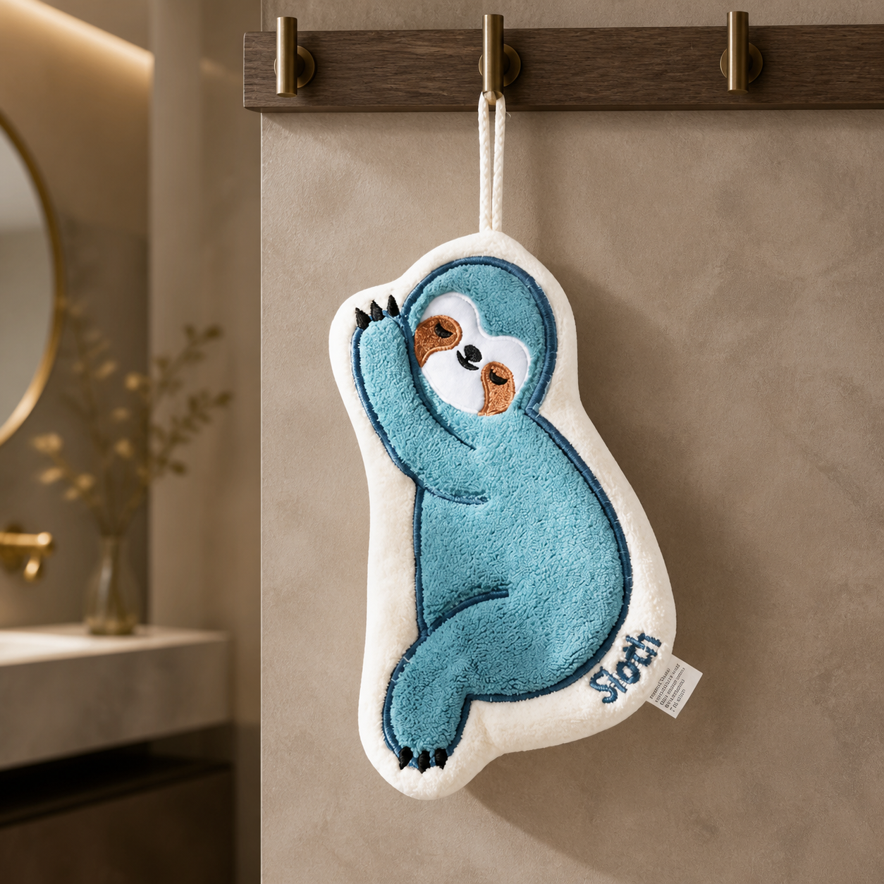 Cute Sloth Hanging Hand Towel – Soft Absorbent Kitchen & Bathroom Towel with Hook, Cartoon Animal Hand Drying Towel