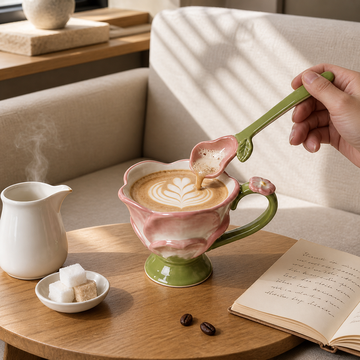 Pink Lotus Ceramic Mug – 350ml Floral Coffee Cup with Spoon