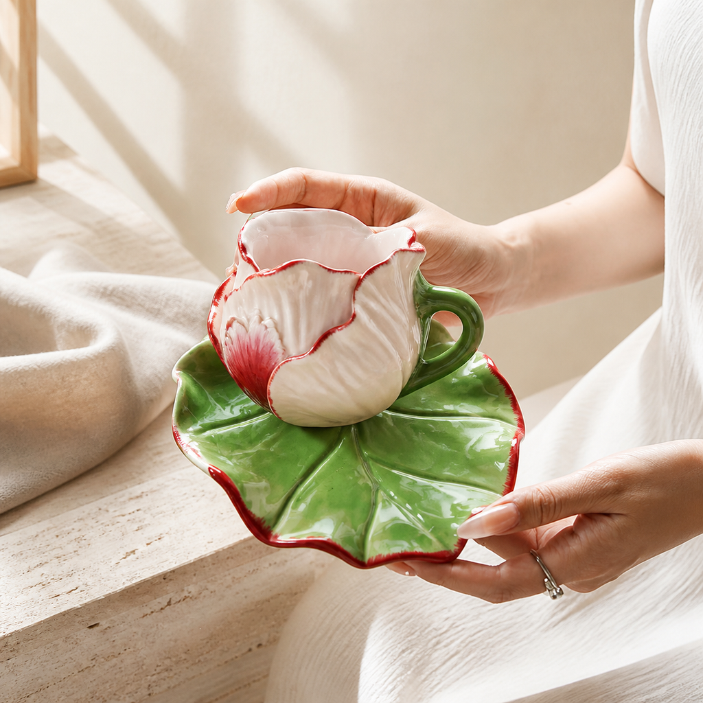 Rose Ceramic Tea Cup and Saucer – Floral Petal Coffee Cup Set