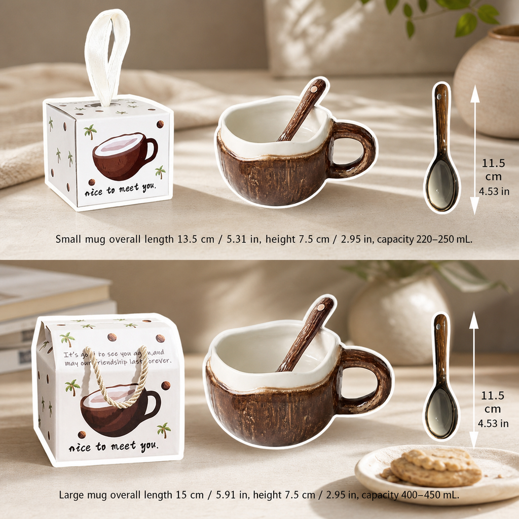 Coconut Ceramic Mug – Tropical Coffee Cup with Spoon and Gift Box
