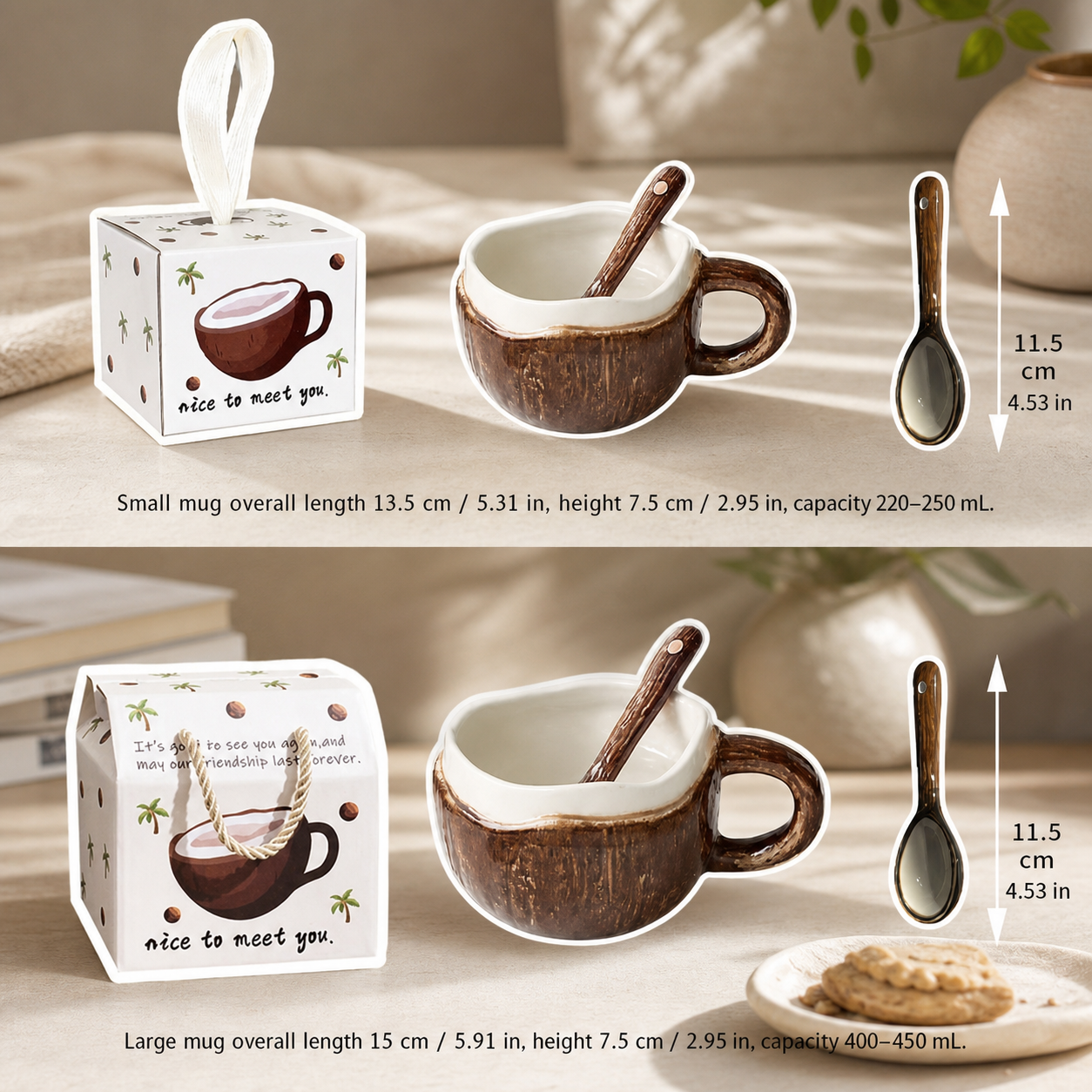 Coconut Ceramic Mug – Tropical Coffee Cup with Spoon and Gift Box