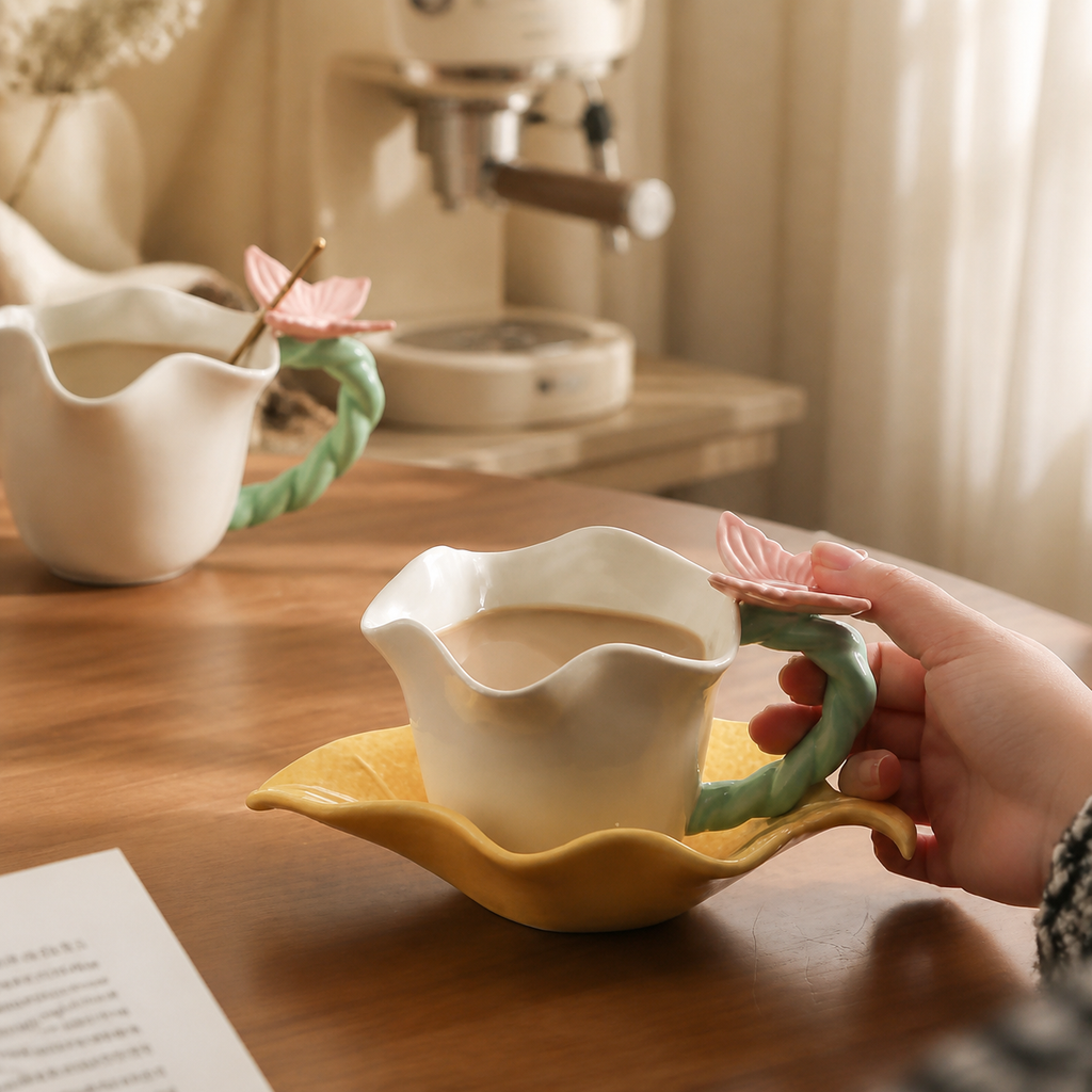 Butterfly Ceramic Cup and Saucer – Floral 250ml Coffee Tea Cup Set