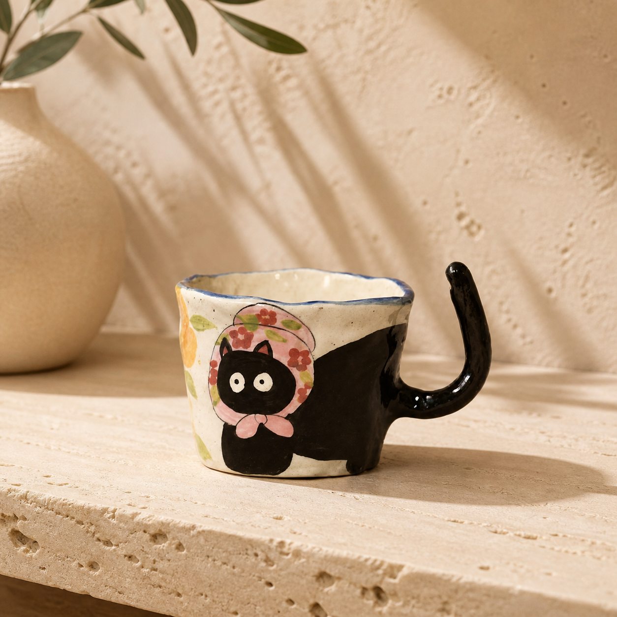 Hand Painted Cat Ceramic Mug – 245ml Cute Animal Coffee Cup with Tail Handle & Spoon, Whimsical Gift for Cat Lovers