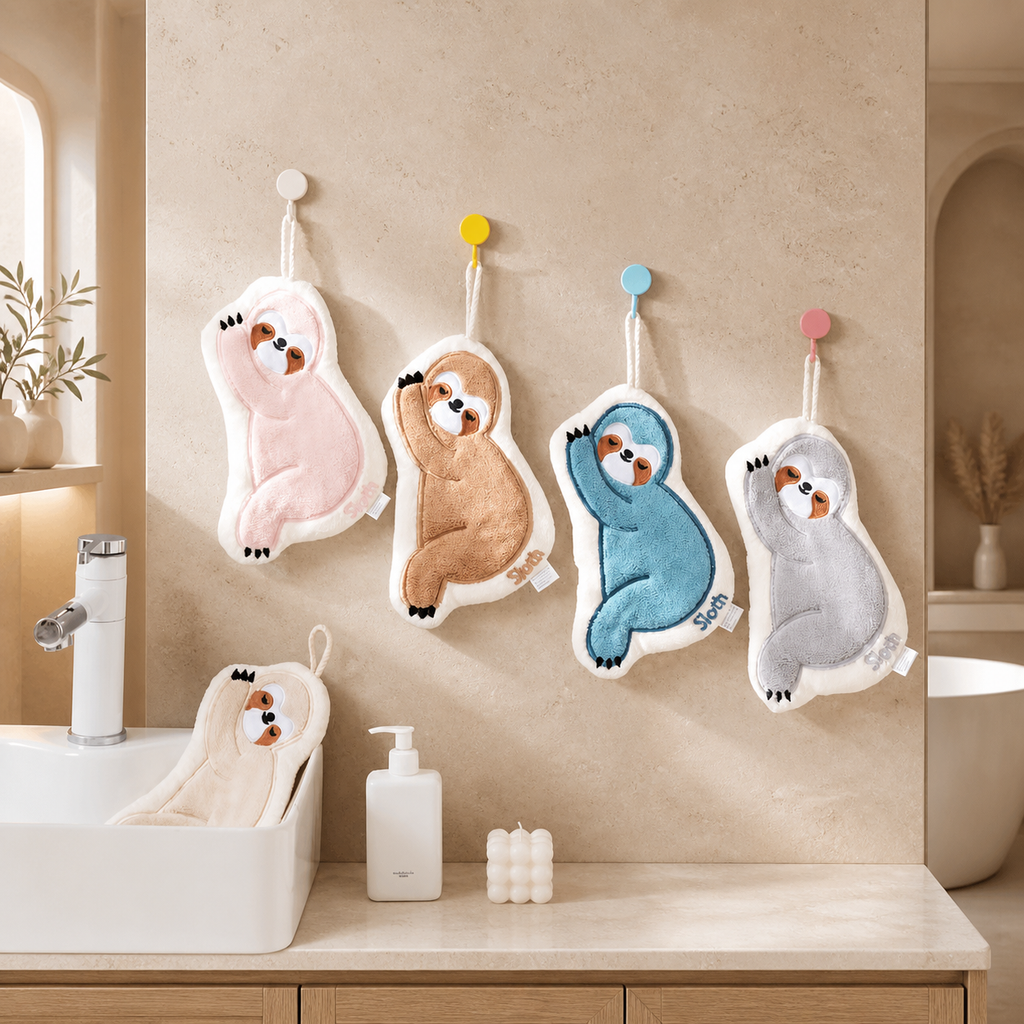 Cute Sloth Hanging Hand Towel – Soft Absorbent Kitchen & Bathroom Towel with Hook, Cartoon Animal Hand Drying Towel