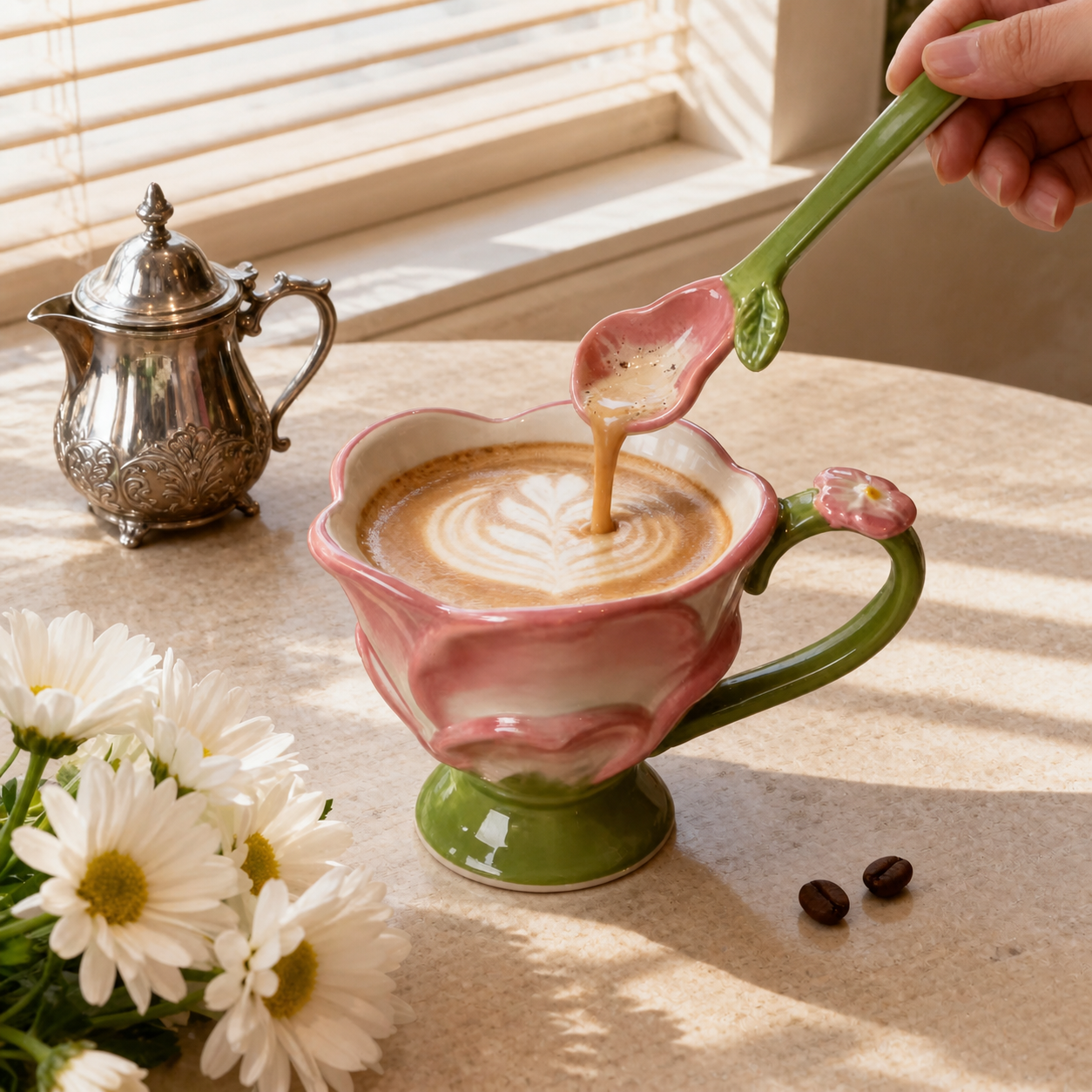 Pink Lotus Ceramic Mug – 350ml Floral Coffee Cup with Spoon