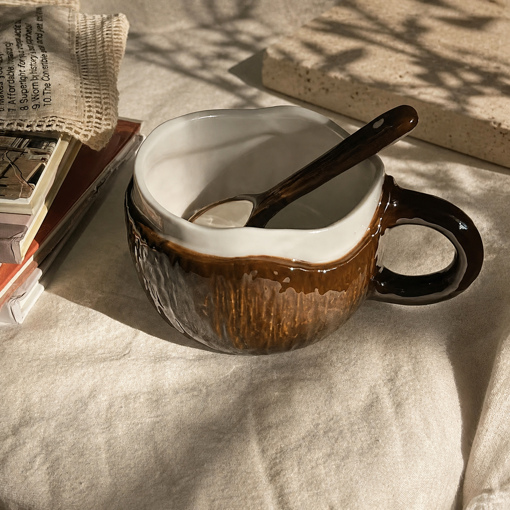 Coconut Ceramic Mug – Tropical Coffee Cup with Spoon and Gift Box