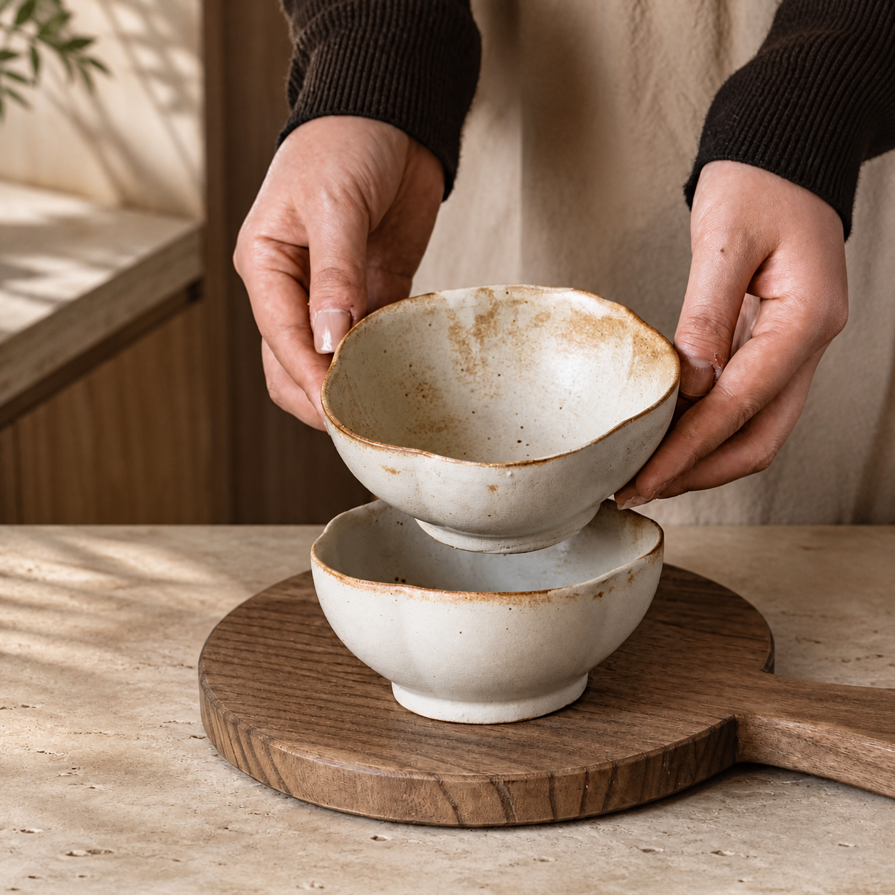 Japanese Ceramic Rice Bowl – Rustic Wabi Sabi Flower Shaped Bowl
