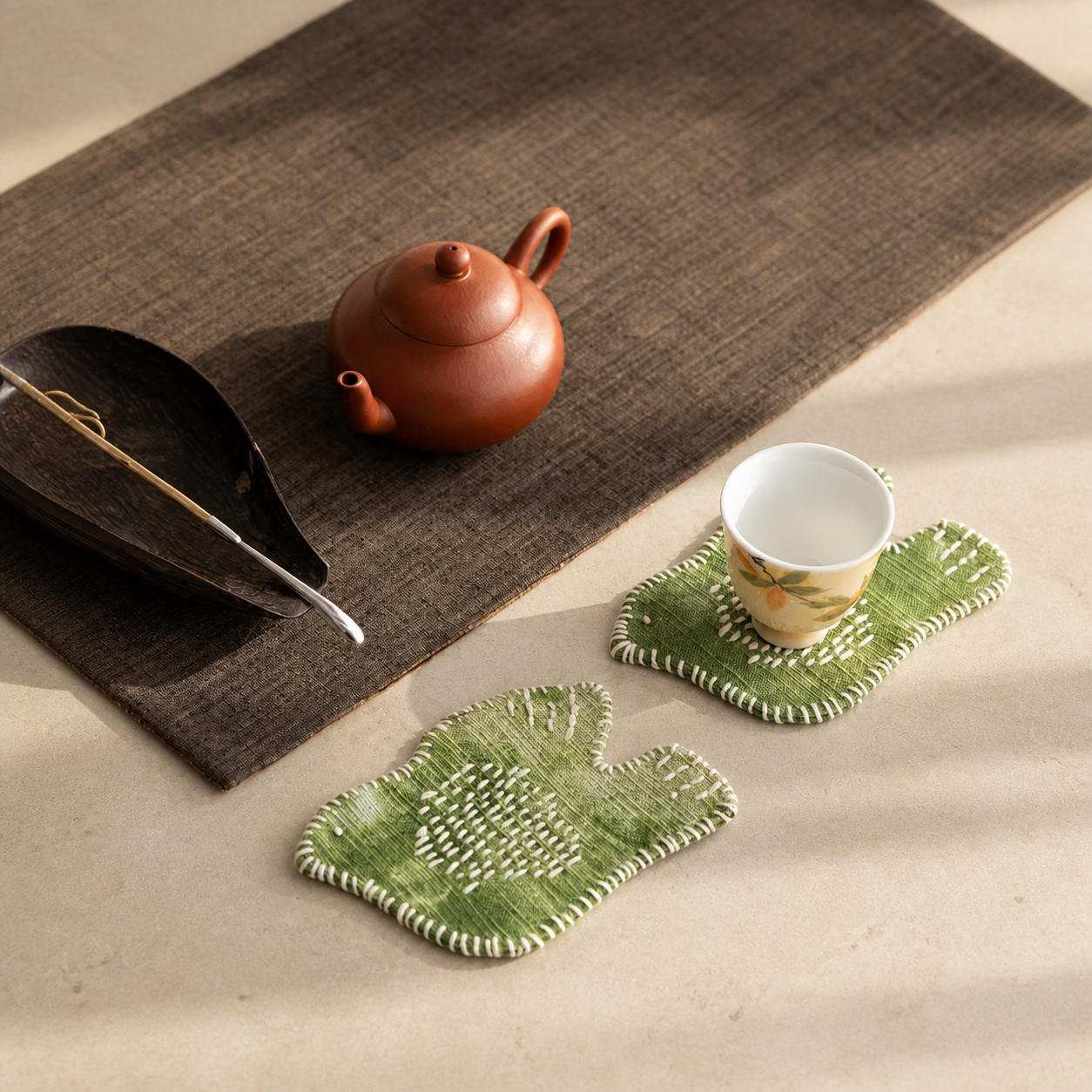 Hand Embroidered Swallow Mug Rug – Cotton Linen Bird Coaster & Heat Resistant Tea Cup Mat