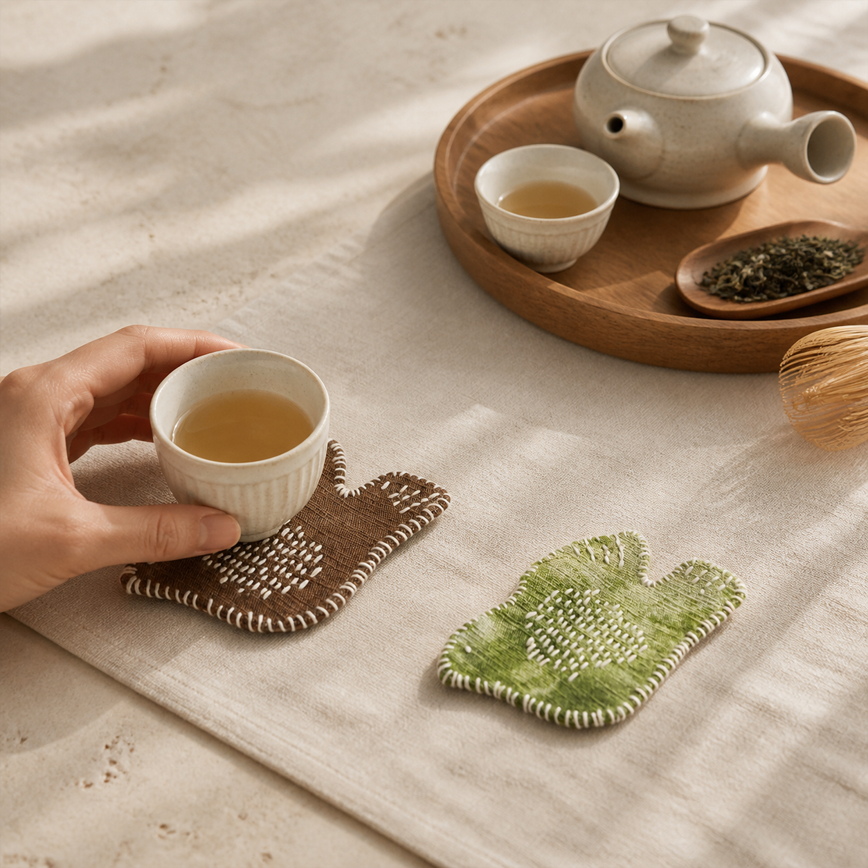 Hand Embroidered Swallow Mug Rug – Cotton Linen Bird Coaster & Heat Resistant Tea Cup Mat
