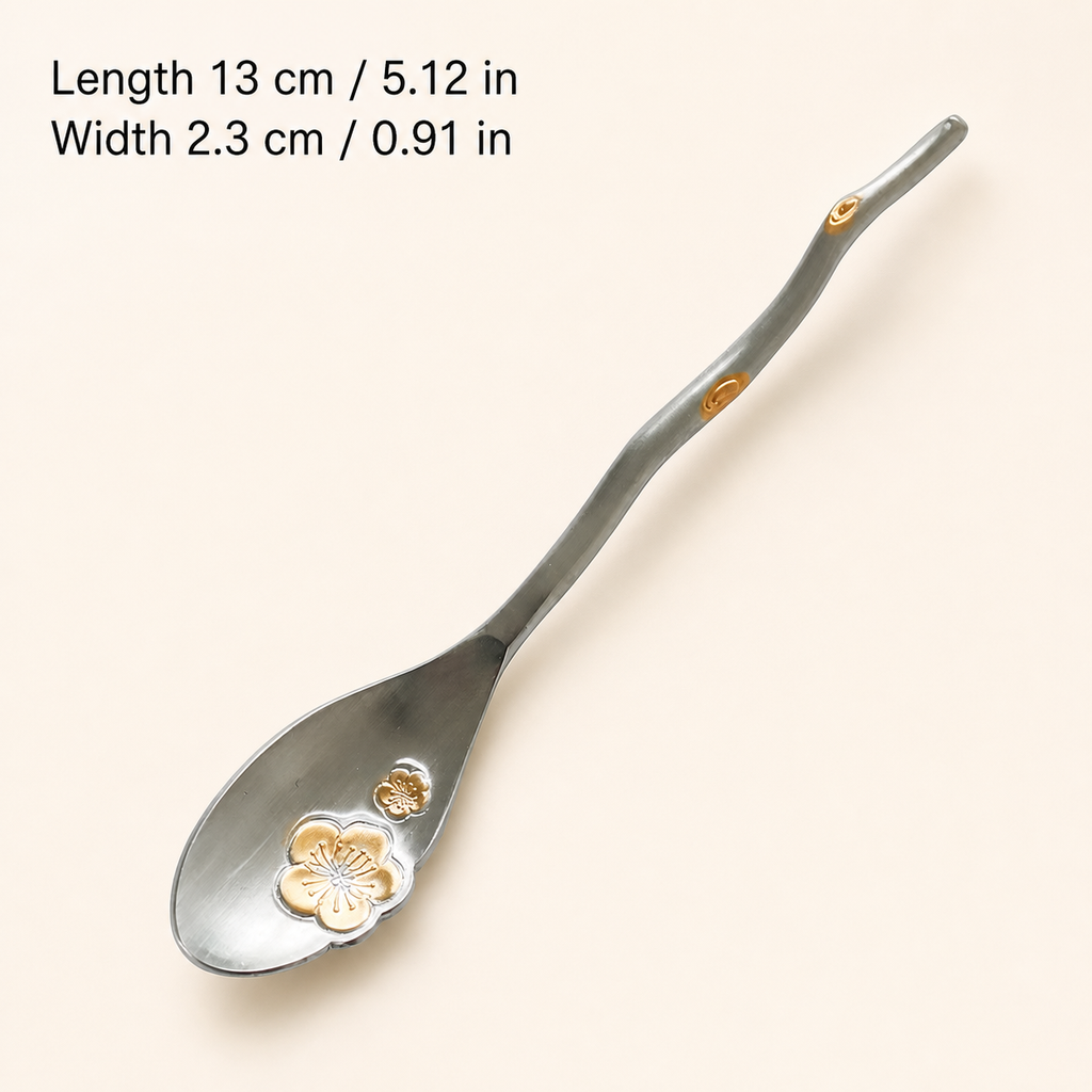 Cherry Blossom Stainless Steel Spoon & Fork, Japanese Floral Dessert Utensil, Gold Accent Coffee Tea Cutlery