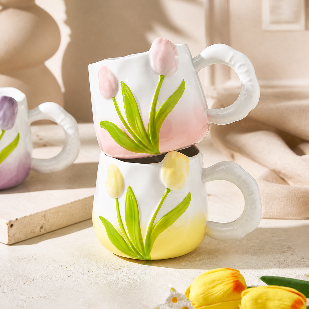 Tulip Ceramic Mug – 400ml Hand Painted Floral Coffee Cup