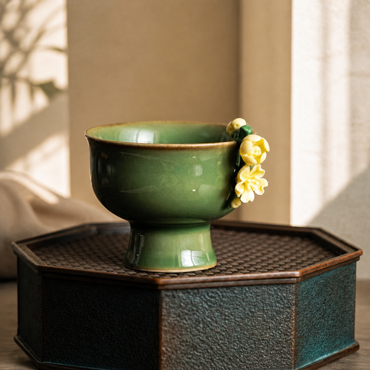 Green Ceramic Tea Cup – Vintage Floral High Foot Chinese Gongfu Tea Cup