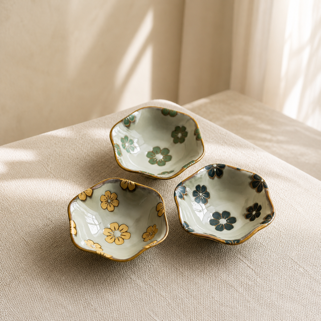 Japanese Floral Ceramic Dipping Dish – 4.3 Inch Small Sauce Bowl, Vintage Flower Condiment Plate for Soy Sauce & Appetizers
