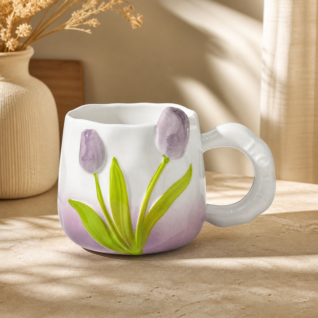Tulip Ceramic Mug – 400ml Hand Painted Floral Coffee Cup