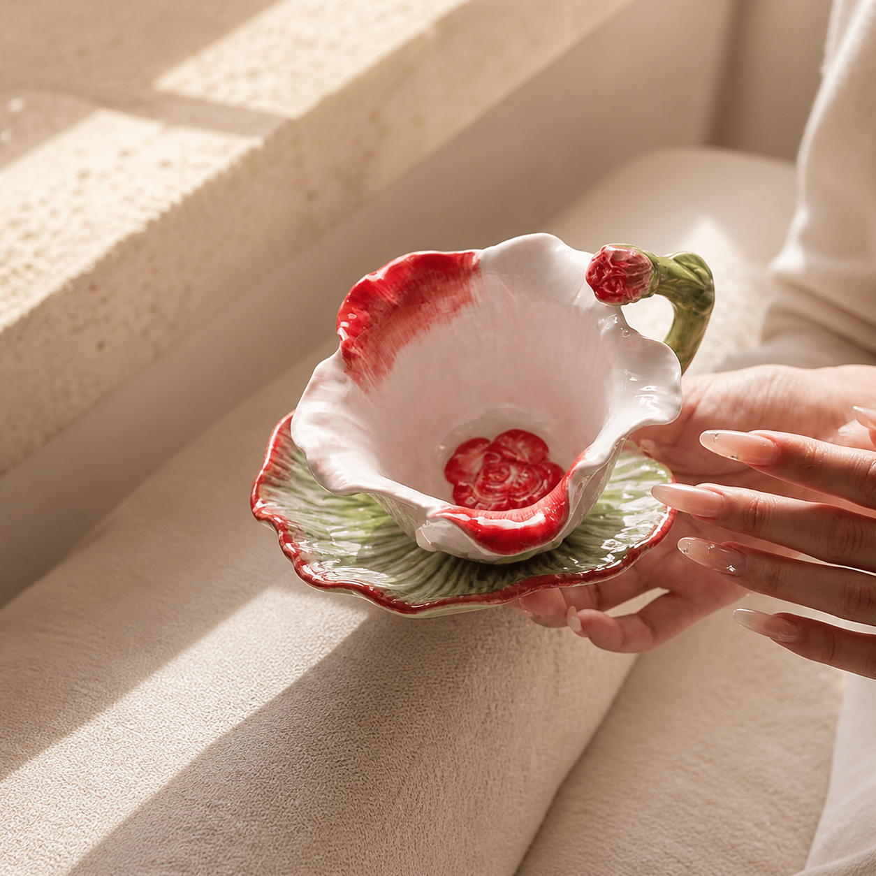 Rose Ceramic Tea Cup and Saucer – Floral Petal Coffee Cup Set