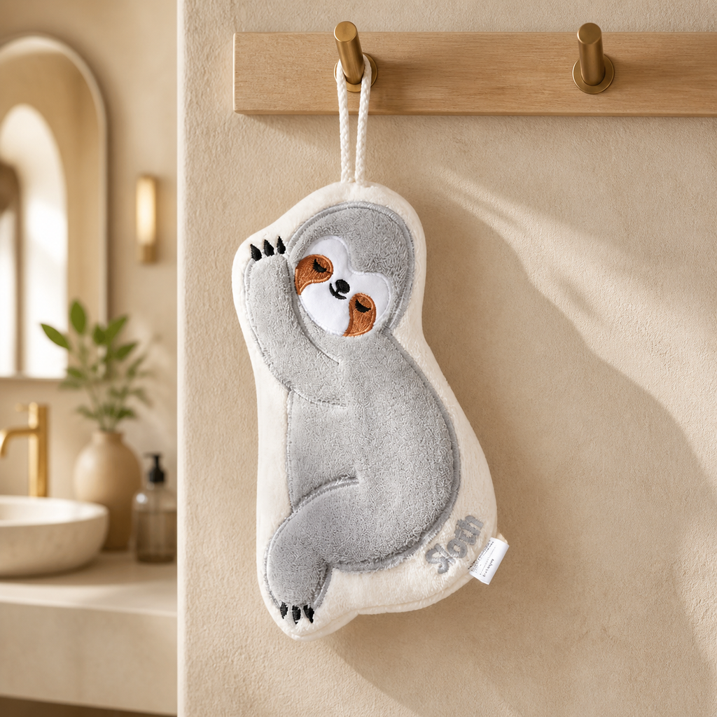 Cute Sloth Hanging Hand Towel – Soft Absorbent Kitchen & Bathroom Towel with Hook, Cartoon Animal Hand Drying Towel