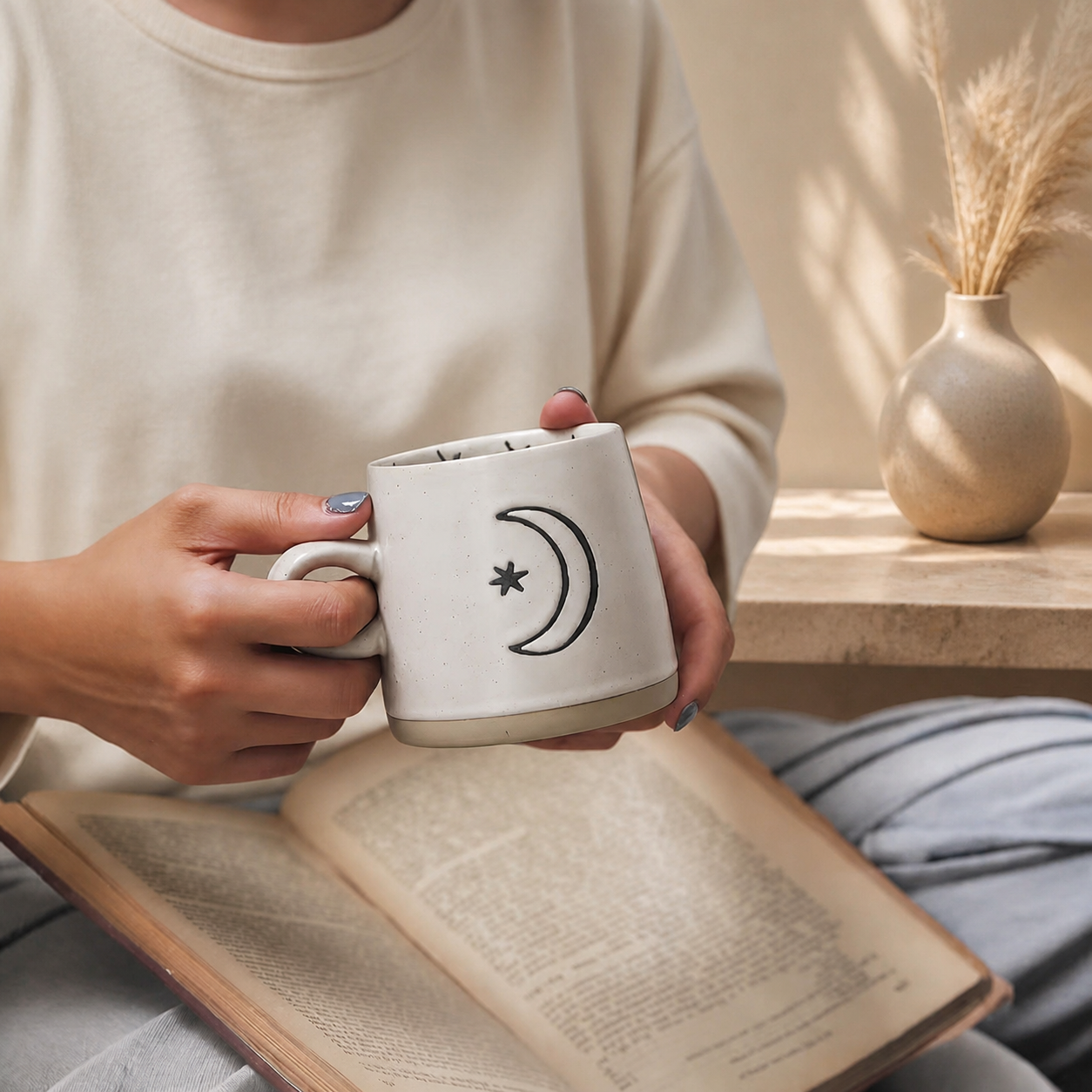 Celestial Ceramic Mug – 400ml Sun Moon Star Rustic Coffee Cup