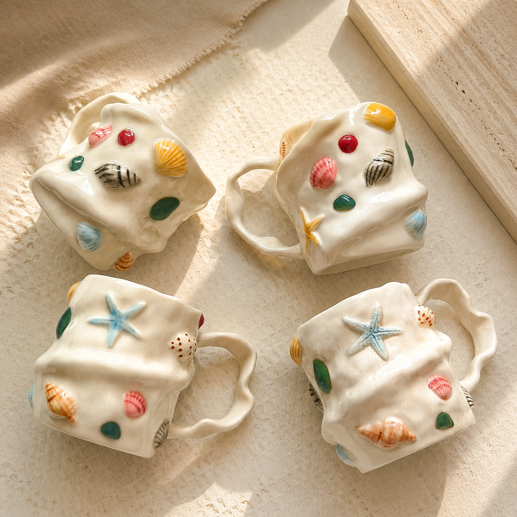 Seashell Ceramic Mug – Coastal Ocean Coffee Cup with Raised Shell Design