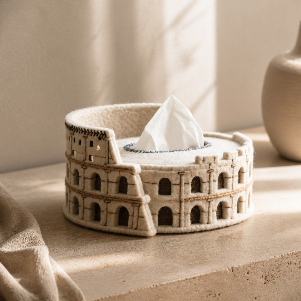 Colosseum Tissue Box Cover – Roman Architecture Felt Tissue Holder, Vintage Sculptural Home Decor