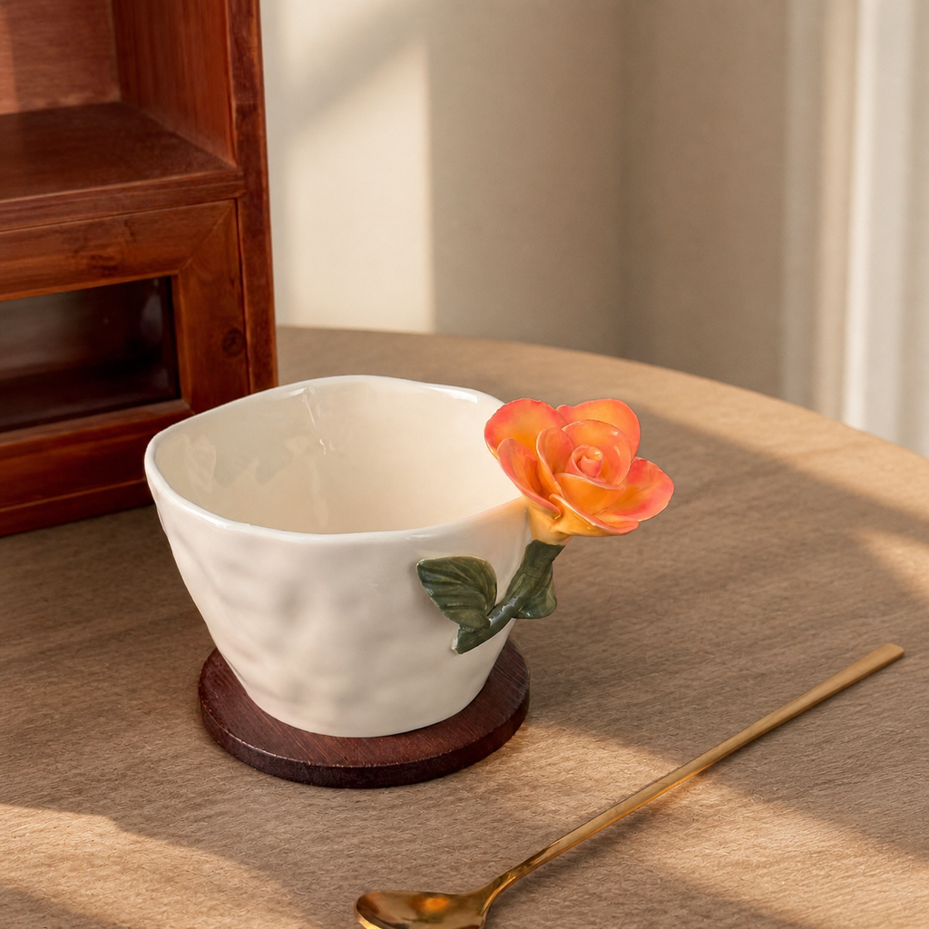 3D Floral Ceramic Mug – Handmade Style Flower Coffee Cup 260ml