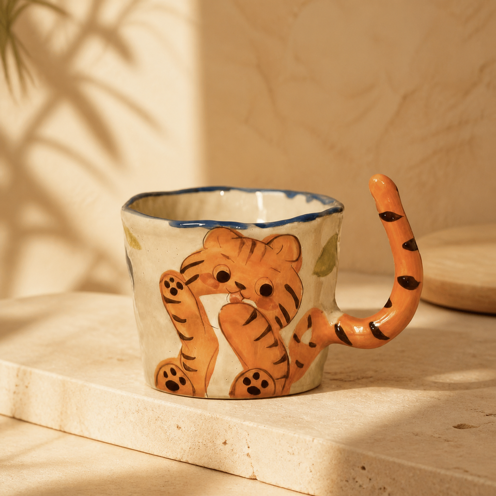 Hand Painted Cat Ceramic Mug – 245ml Cute Animal Coffee Cup with Tail Handle & Spoon, Whimsical Gift for Cat Lovers