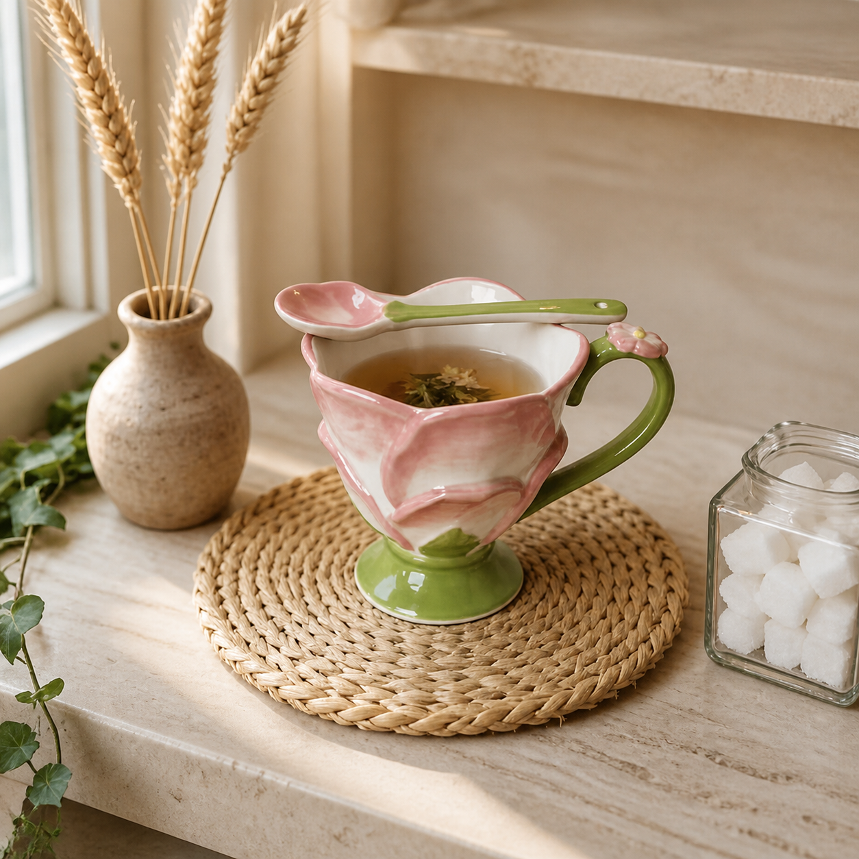 Pink Lotus Ceramic Mug – 350ml Floral Coffee Cup with Spoon