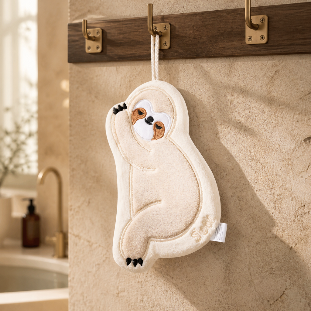 Cute Sloth Hanging Hand Towel – Soft Absorbent Kitchen & Bathroom Towel with Hook, Cartoon Animal Hand Drying Towel