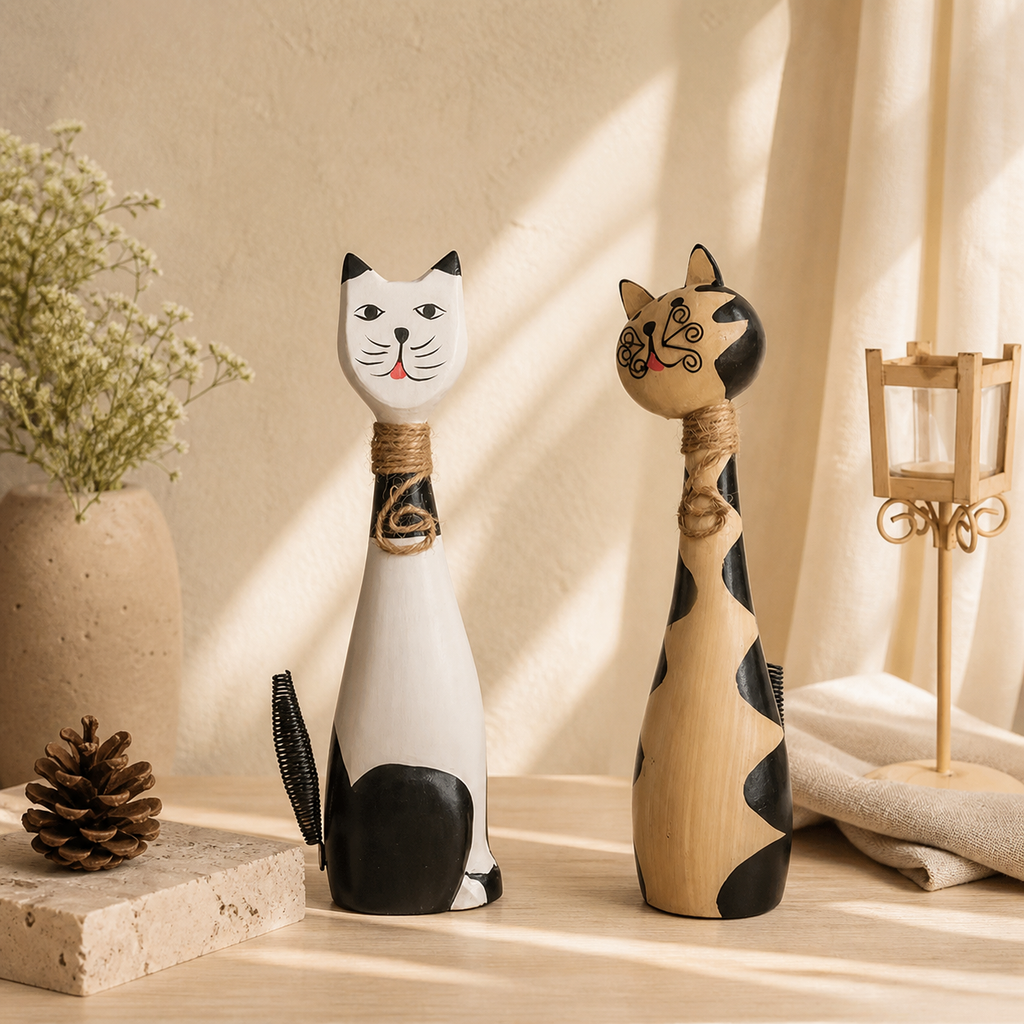 Set of 2 Wooden Cat Figurines – Hand Painted Couple Cat Decor, Rustic Whimsical Shelf & Tabletop Decoration