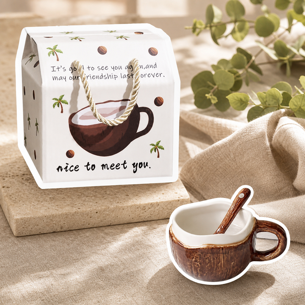 Coconut Ceramic Mug – Tropical Coffee Cup with Spoon and Gift Box