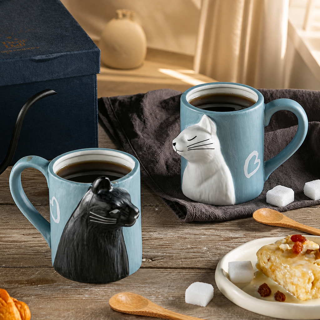 Cat Couple Ceramic Mug Set – Cute 3D Cat Coffee Cups Gift Set for Couples